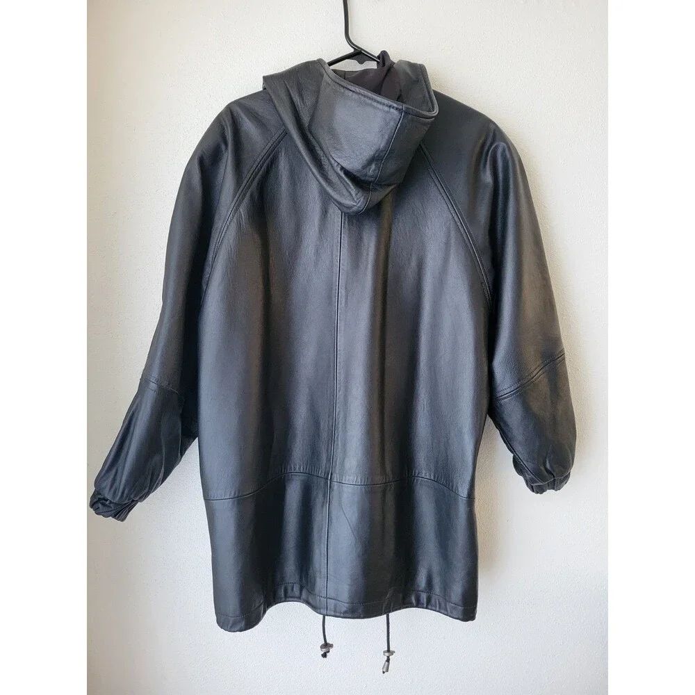 Winlit Vintage Black Leather Hooded Jacket S Longline 90s Y2K Streetwear